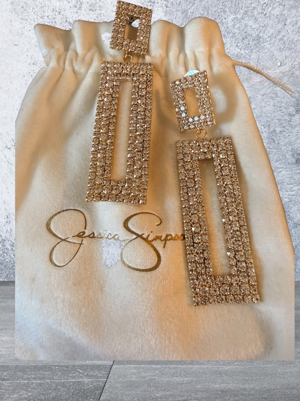 Jessica Simpson Gold Tone Crystal Rhinestone Statement Drop Earrings